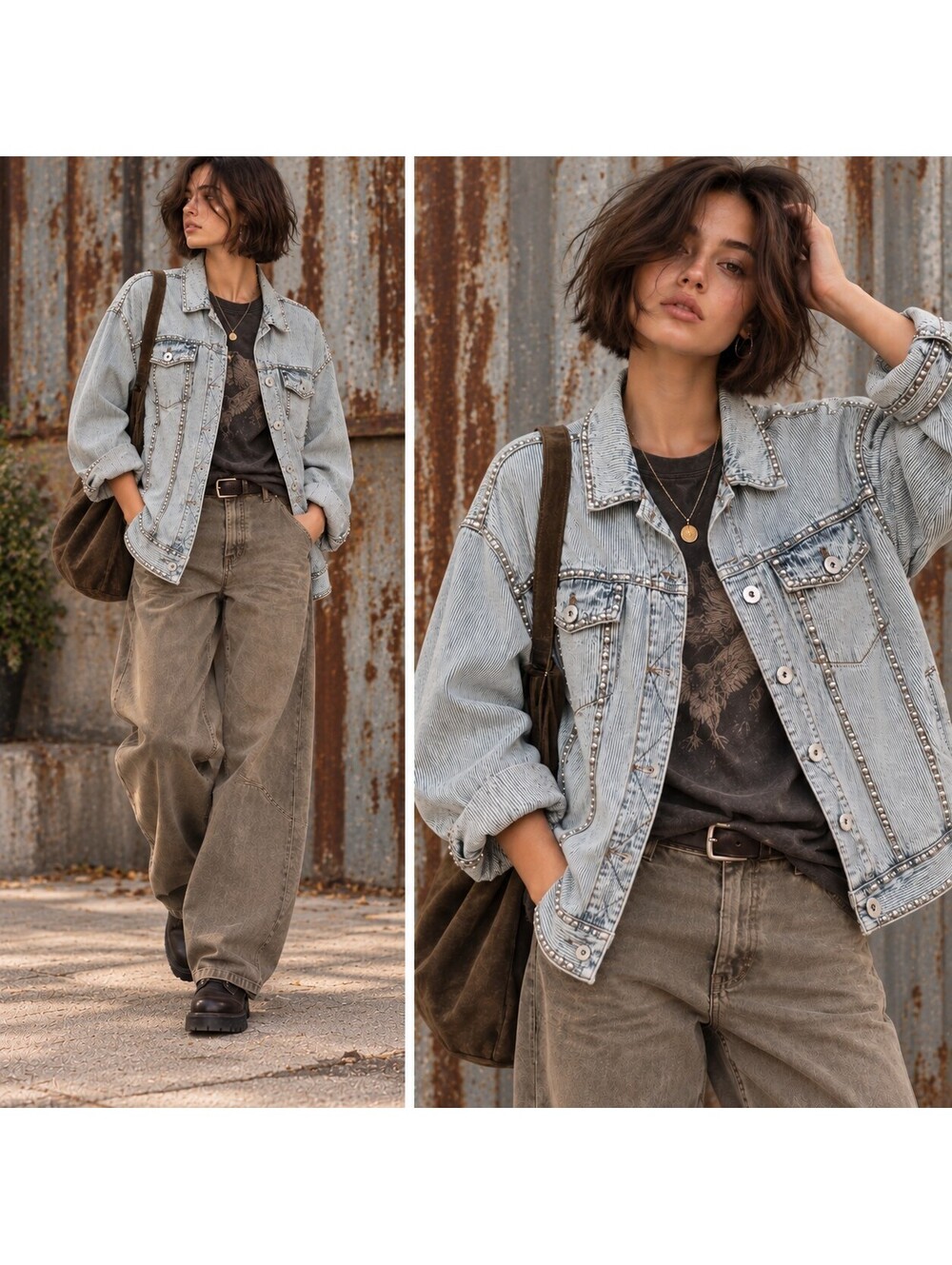 The Porter Collective Denim Jacket Women's M Oversized Studded Railroad Stripe